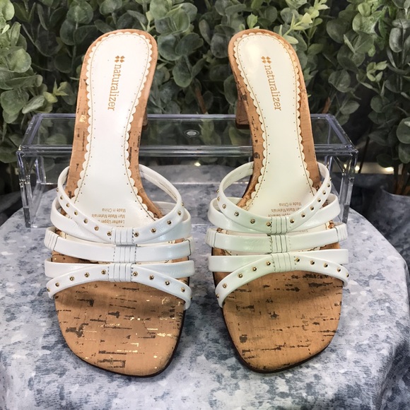 Naturalizer Sana White Banded 2.5” Cork Heels Women’s 8.5M narrow comfortable - Picture 2 of 12
